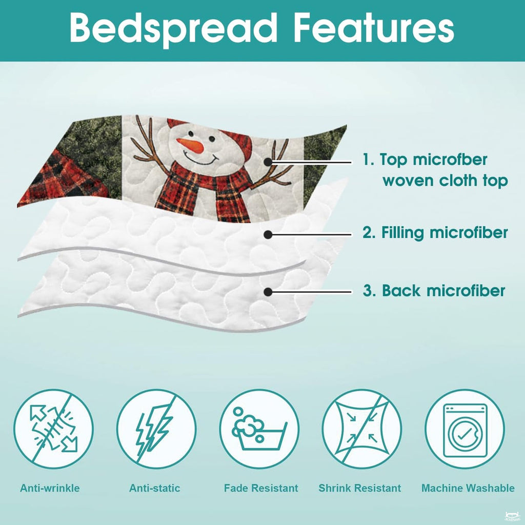 Folded presentation of snowman bedding set exhibiting vibrant seasonal colors and clear graphic print.