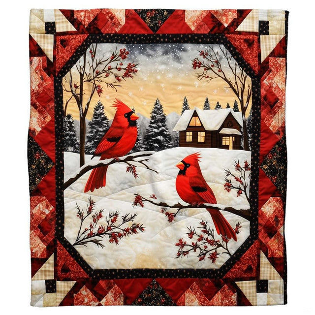 Close-up of crimson cardinals on snow-dusted evergreen branches in rustic cabin bedding decor.