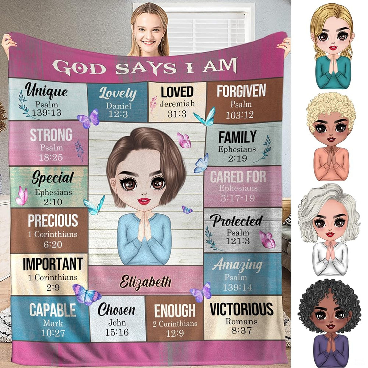 Praying girl scripture affirmations blanket held up in living room