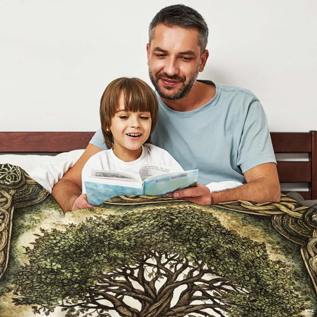 Sacred tree Celtic knotwork throw blanket draped across living room sofa