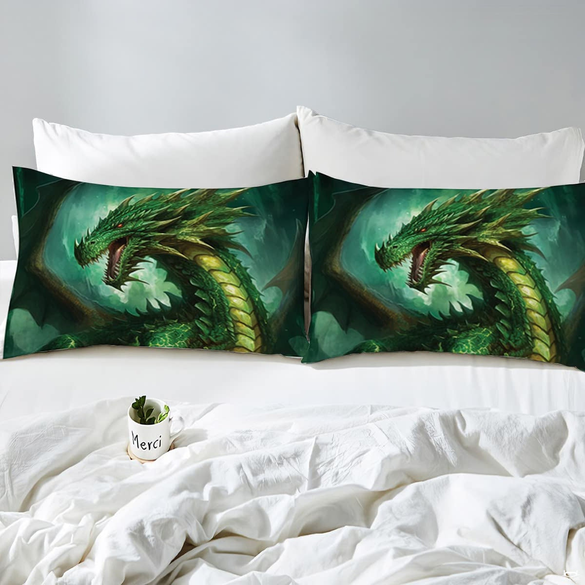 Wide angle shot of modern bedroom styling highlighted by deep green fantasy dragon visual decor.