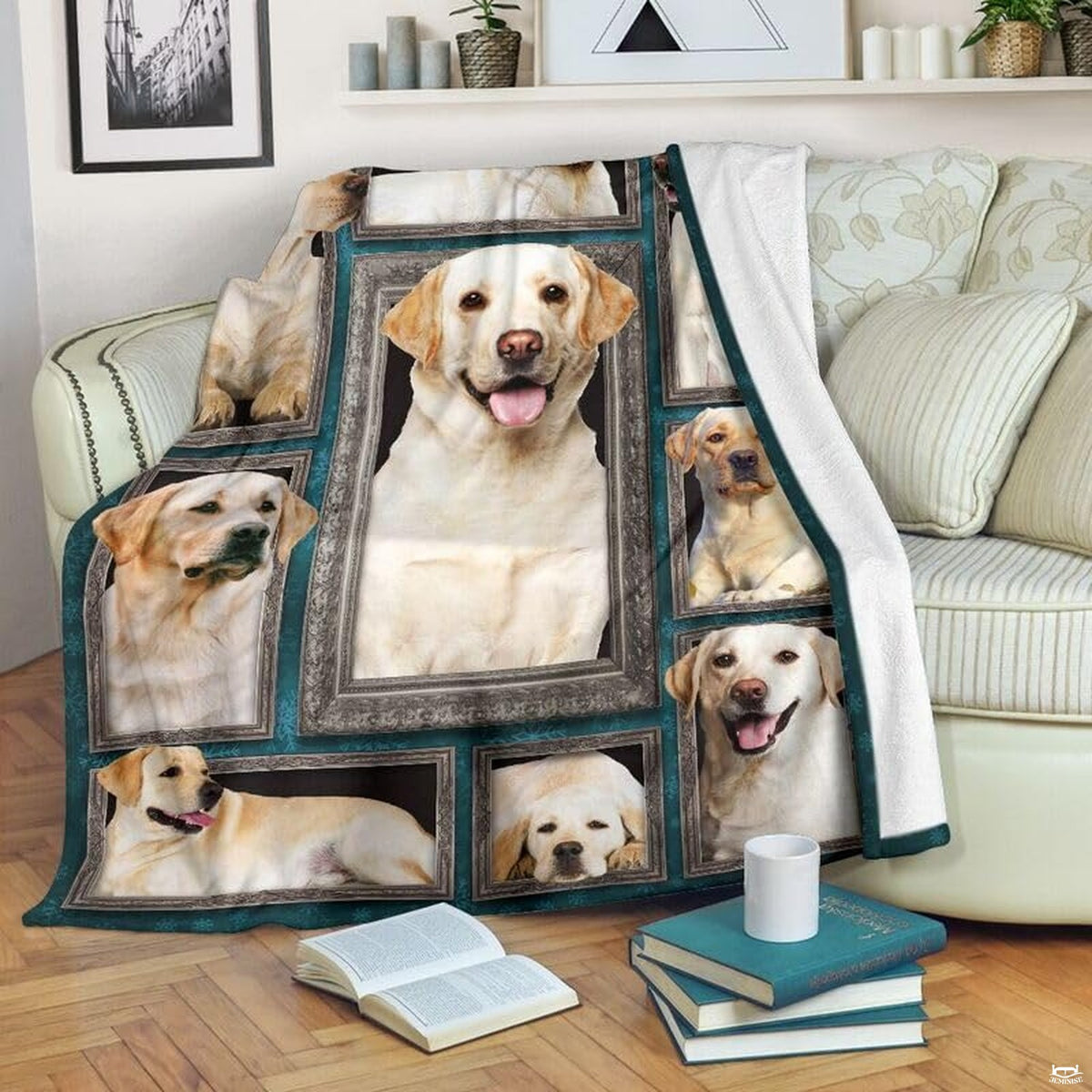 Yellow Labrador Retriever blanket draped over an armchair displaying framed dog portraits on a teal background.