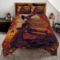Witch Throw Quilt Set – Vintage Gothic Style Fall Bedspread for Autumn Bedroom Decor, Halloween Witch Bedding, Magical Patchwork Pattern, Soft Lightweight Twin, Full, Queen Sizes (Beautiful 3D Witch)