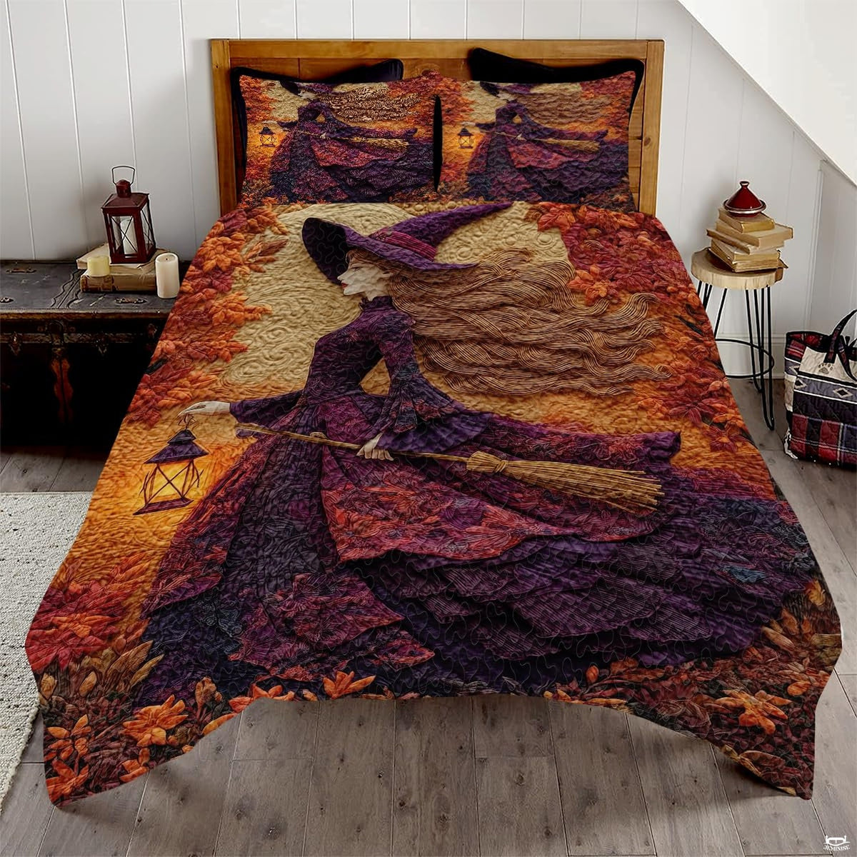 Witch Throw Quilt Set – Vintage Gothic Style Fall Bedspread for Autumn Bedroom Decor, Halloween Witch Bedding, Magical Patchwork Pattern, Soft Lightweight Twin, Full, Queen Sizes (Beautiful 3D Witch)