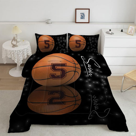 Orange and shadow black basketball sports bedding set displayed on a bed in an athletic bedroom