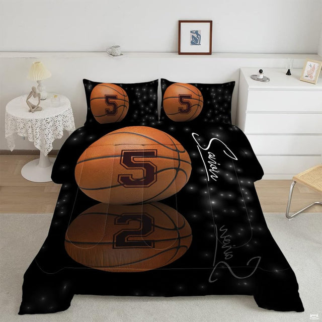 Orange and shadow black basketball sports bedding set displayed on a bed in an athletic bedroom