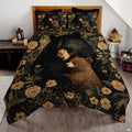 Cabin bear bedding set displaying mother black bear and cub illustration among vintage wildflowers on a styled bed.