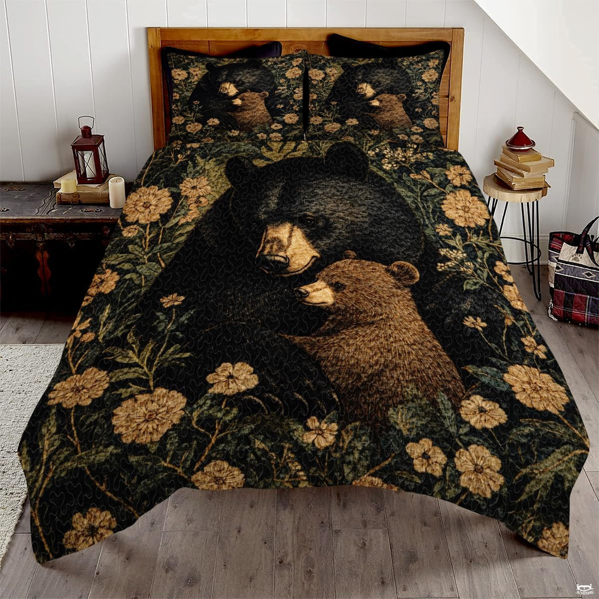 Cabin bear bedding set displaying mother black bear and cub illustration among vintage wildflowers on a styled bed.