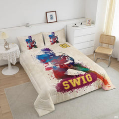 Close-up perspective of soccer bedding detailing indigo energy curves, player silhouette, and typography
