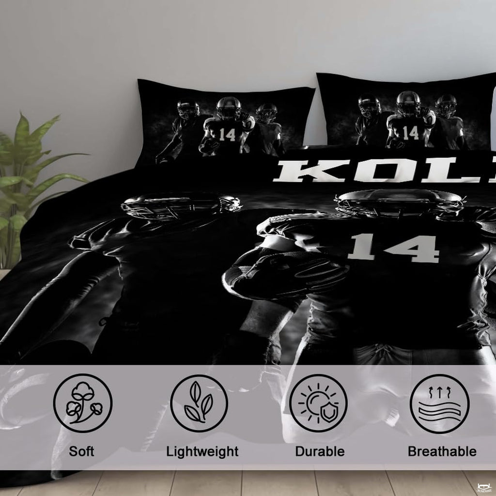 Corner angle view of athletic bedding illustrating sleek black and charcoal tones in a modern bedroom setting