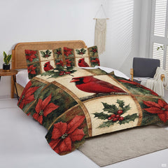 Overhead display of midnight cardinal bedding arranged neatly over a mattress in a bright bedroom