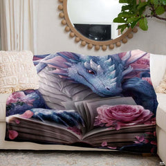 Pastel dragon and open book design draped across living room furniture