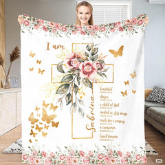 Custom Floral Cross with Butterflies Blanket, Machine Washable