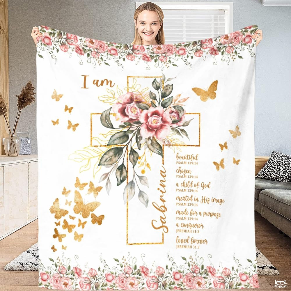 Custom Floral Cross with Butterflies Blanket, Machine Washable