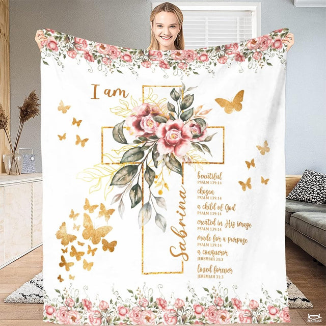 Custom Floral Cross with Butterflies Blanket, Machine Washable