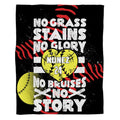 Front full perspective of motivational softball throw blanket showing heart ball and crossed bats on black ground