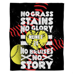 Front full perspective of motivational softball throw blanket showing heart ball and crossed bats on black ground