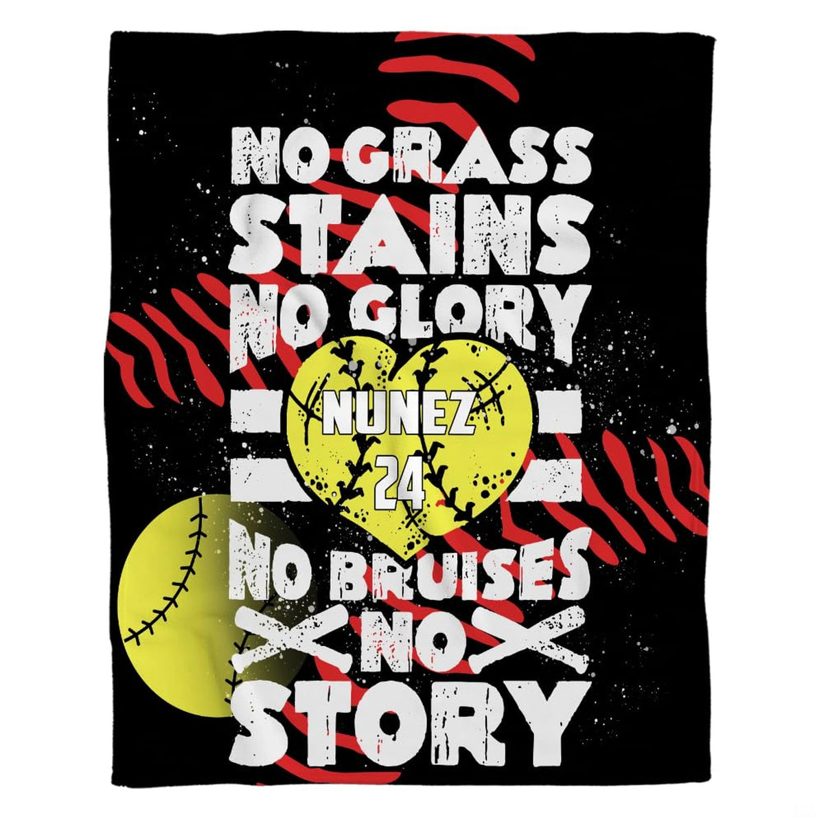 Front full perspective of motivational softball throw blanket showing heart ball and crossed bats on black ground