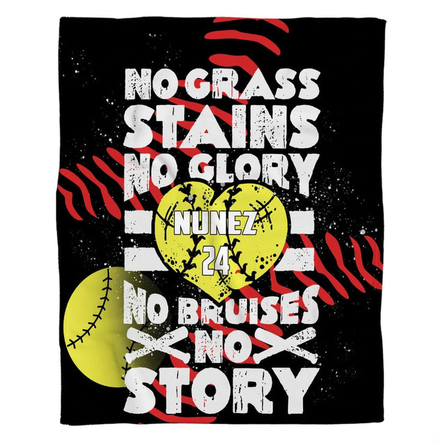 Front full perspective of motivational softball throw blanket showing heart ball and crossed bats on black ground