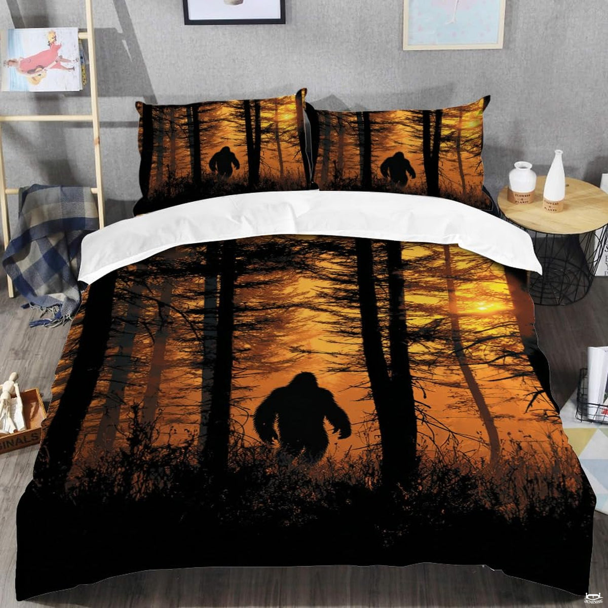 Top angle perspective of bigfoot silhouette bedding showing detailed striped sunset rings and pine tree accents.