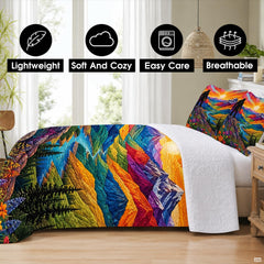 Matching pillow shams displaying a mountain sunrise and wildflower valley on an alpine bedding set