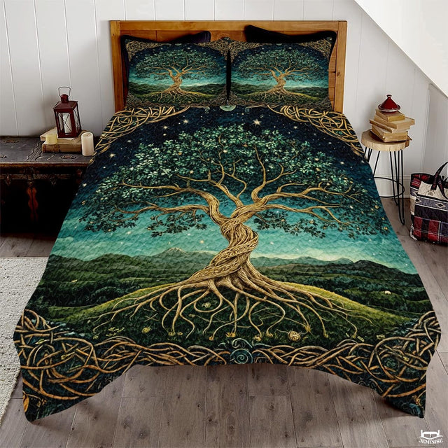 Celtic and Fantasy Quilt Set with Twisting Tree Trunk And Exposed Roots