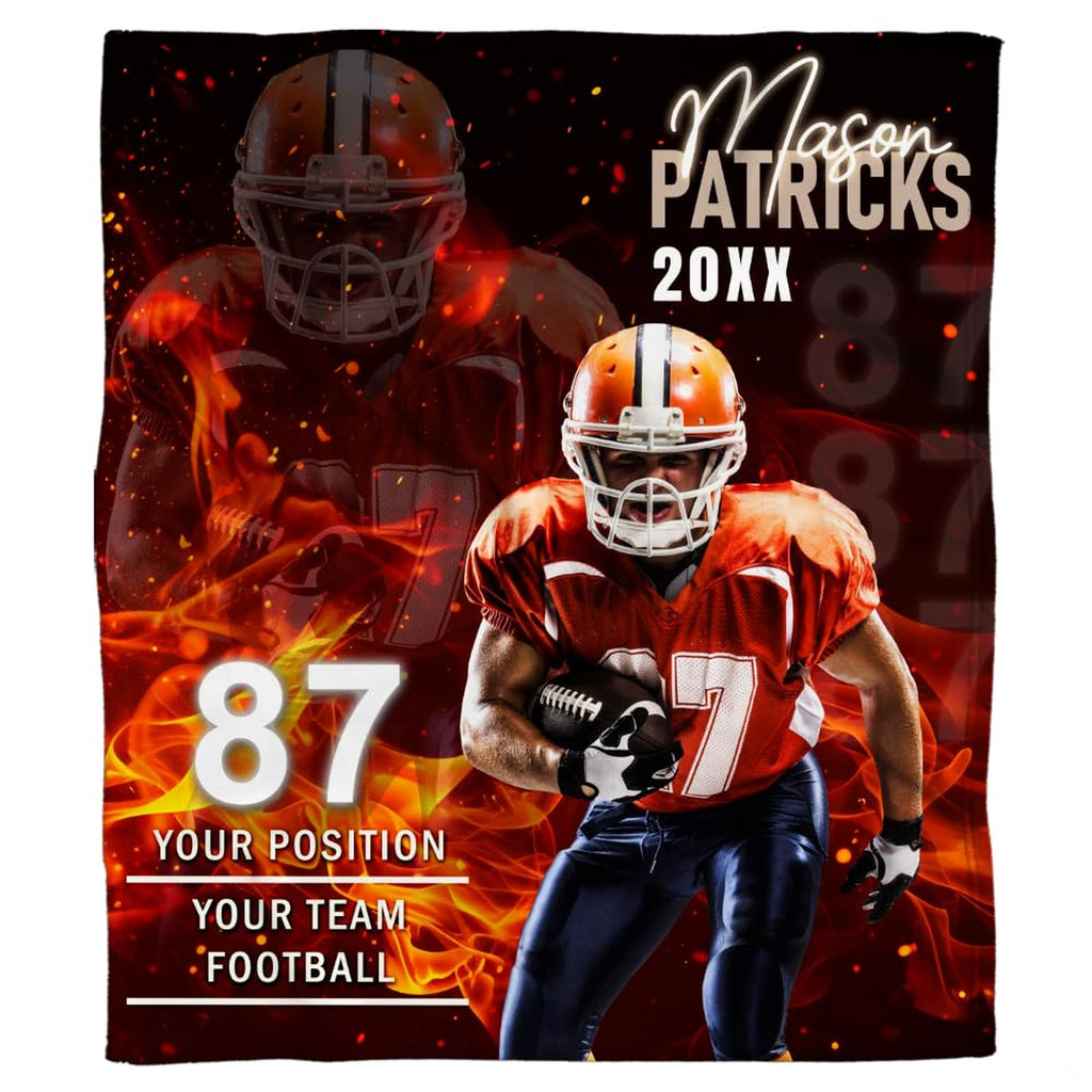 Graphic blanket artwork showing athletic football runner bursting through roaring orange flames and embers.