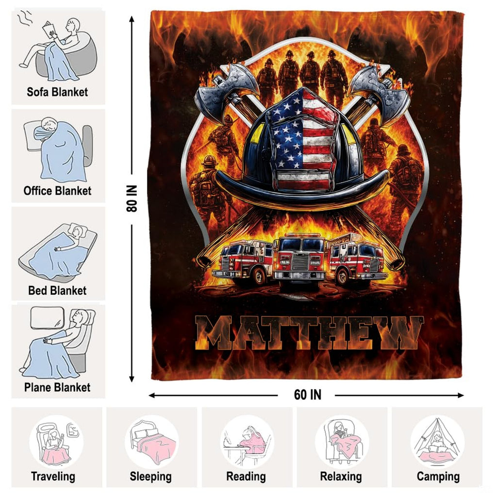 Full layout of dramatic firefighter scene with blazing flame borders on Blanket.