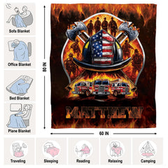 Full layout of dramatic firefighter scene with blazing flame borders on Blanket.