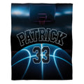 Neon blue basketball court throw blanket with glowing cyan ball and shadowed arena backboard