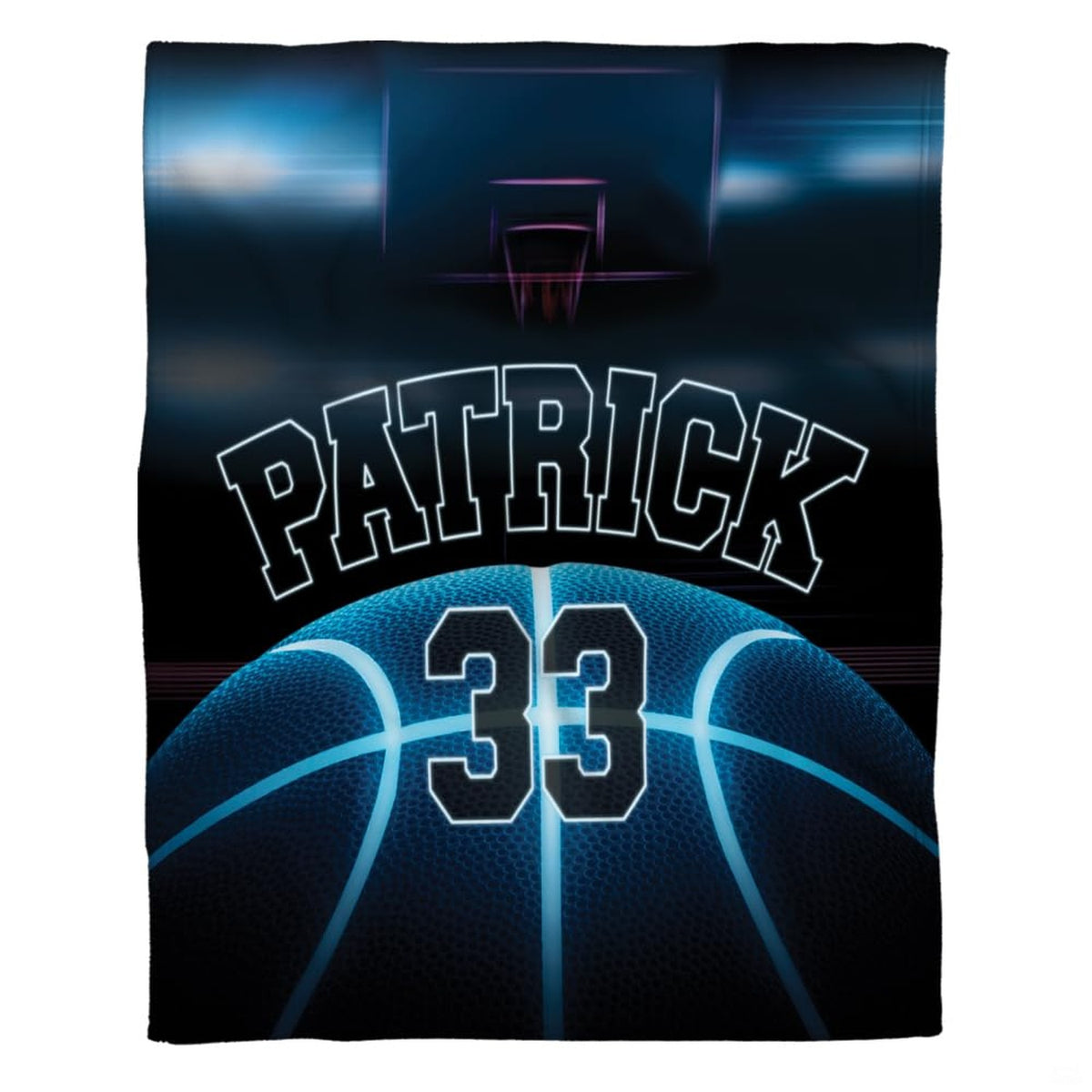 Neon blue basketball court throw blanket with glowing cyan ball and shadowed arena backboard