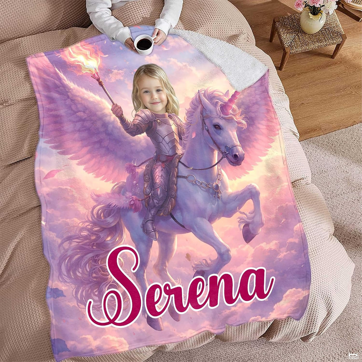Overhead view of winged unicorn knight artwork design blanket