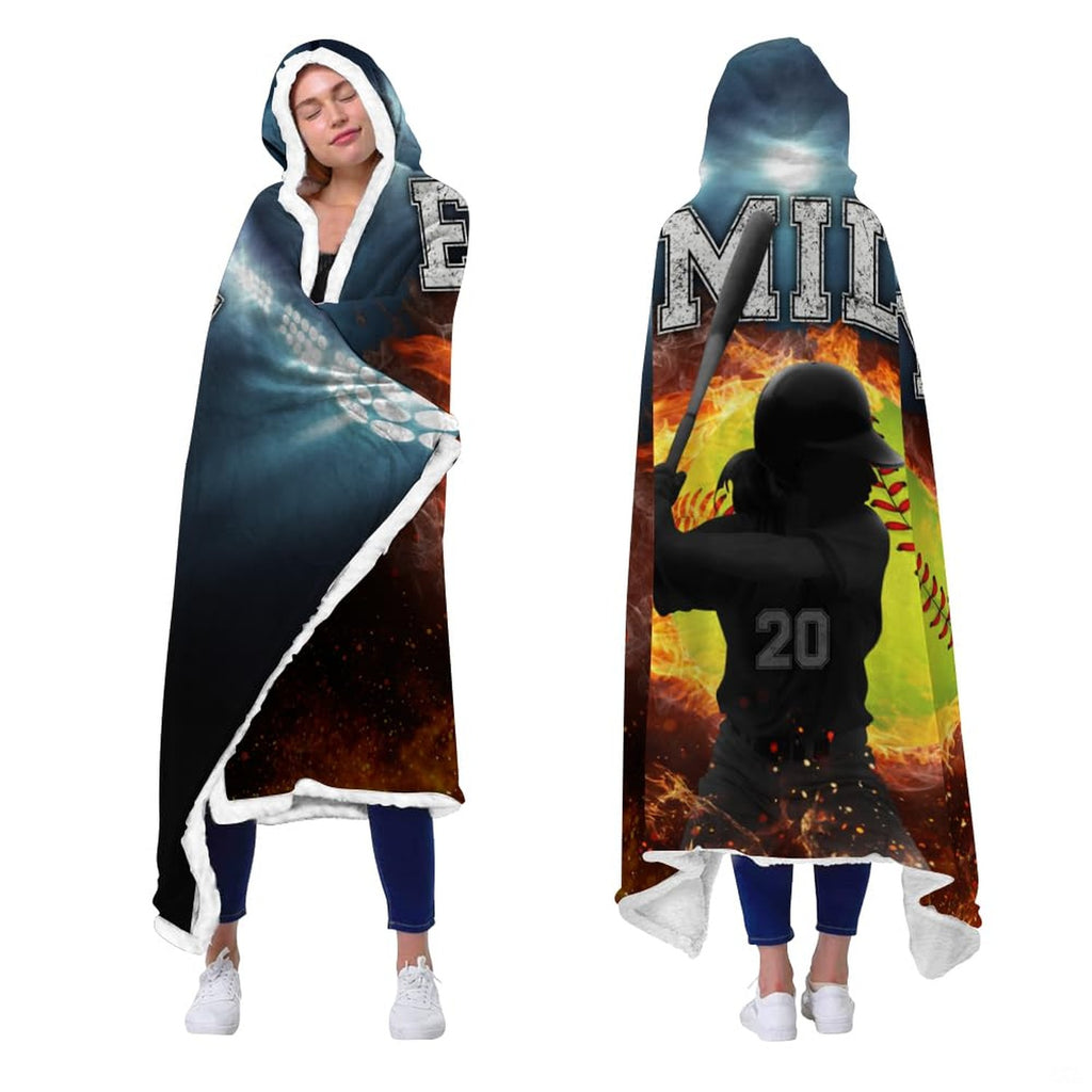 Fastpitch softball hitter sports graphic blanket worn as hooded wrap