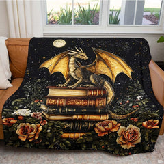 Living room sofa displaying the gothic golden dragon book stack throw blanket draped over furniture.
