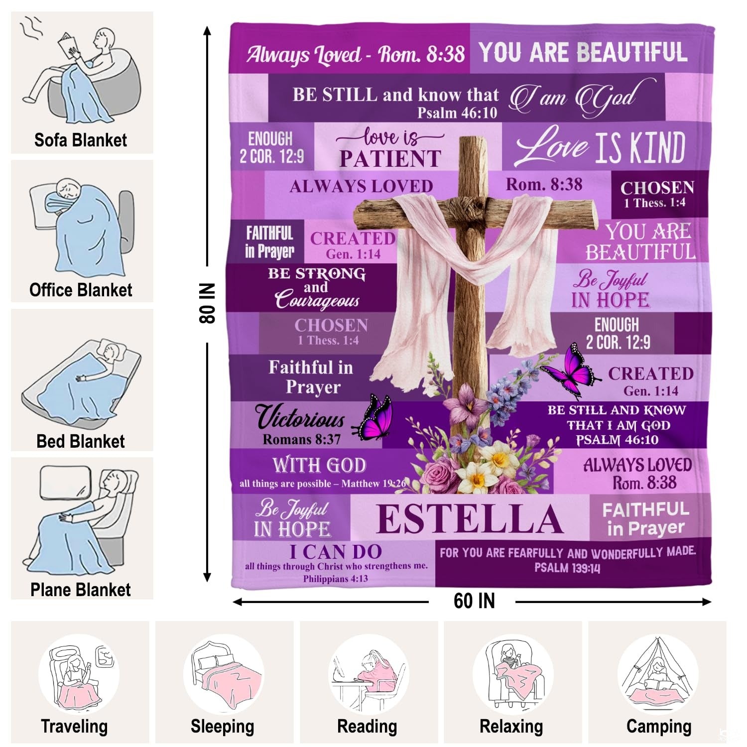 Custom Purple Floral Cross with Butterflies Blanket, Machi - Design 14