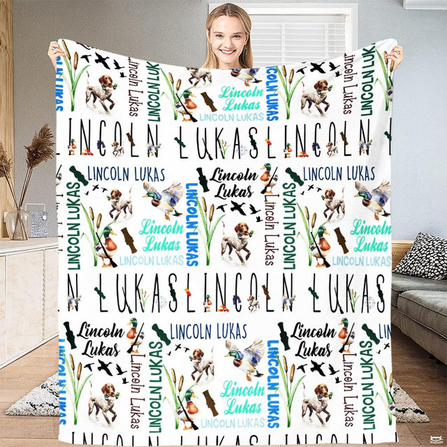 Duck hunting bed spread motif displaying flying mallard ducks, hunting dogs, and cattail illustrations.