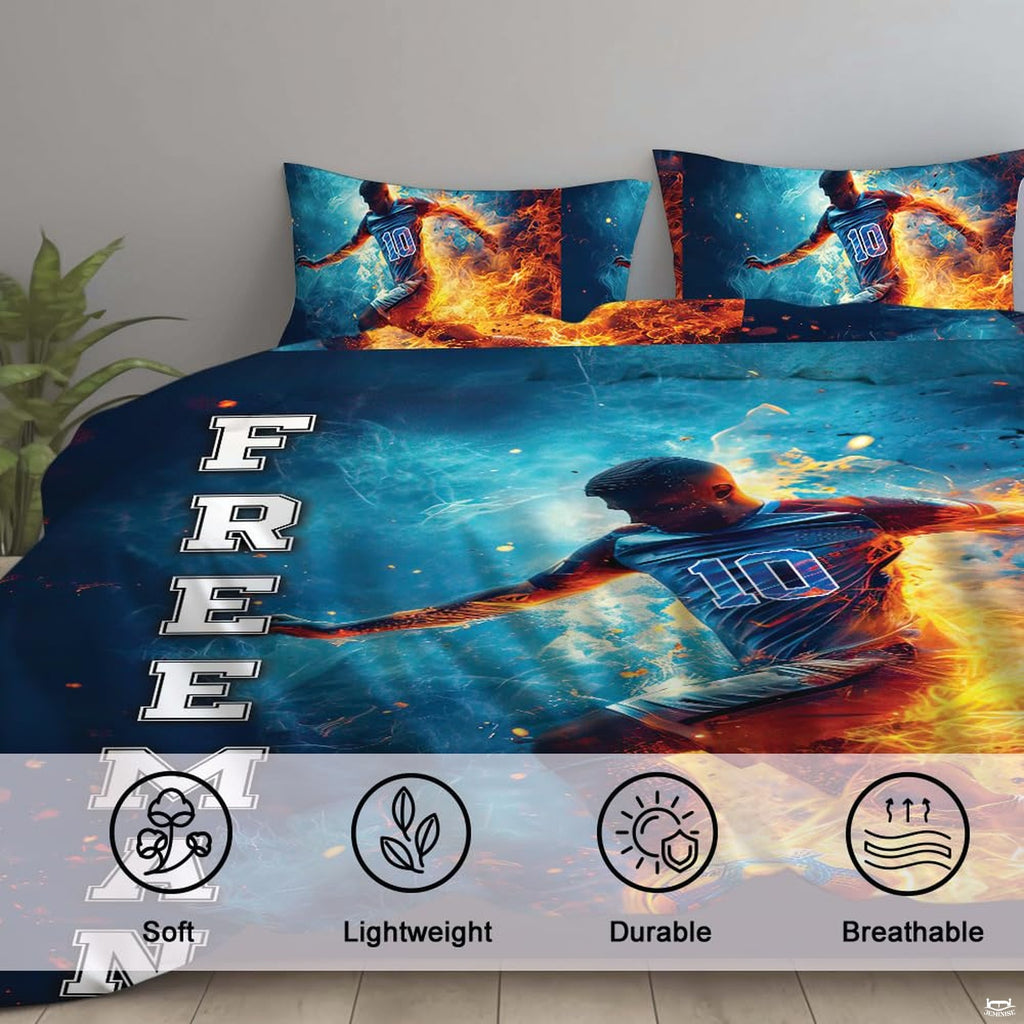 Side angle view of athletic bedding displaying golden amber fire and deep royal navy color tones