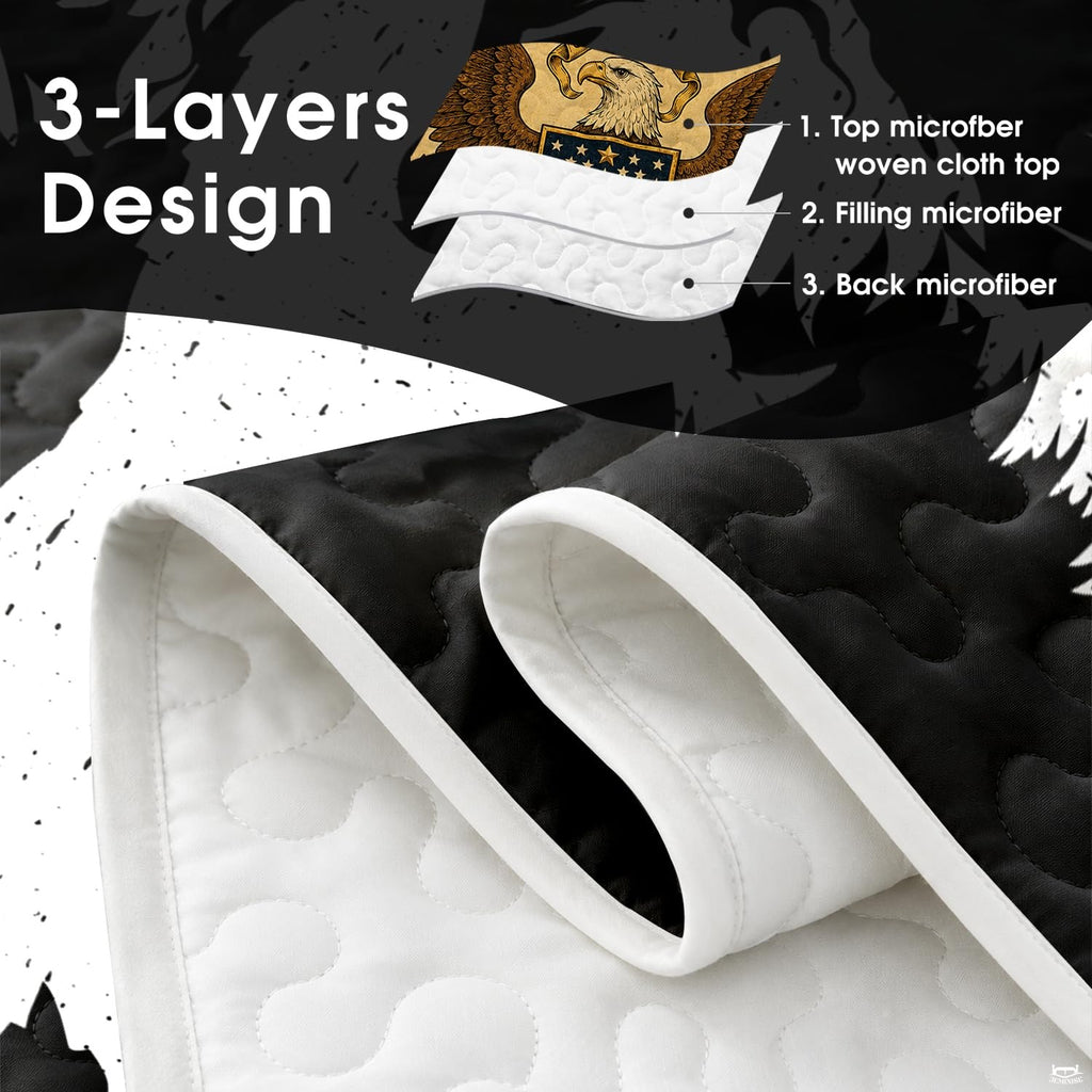 Overhead perspective of monochrome Bigfoot bedding set in bedroom setting.