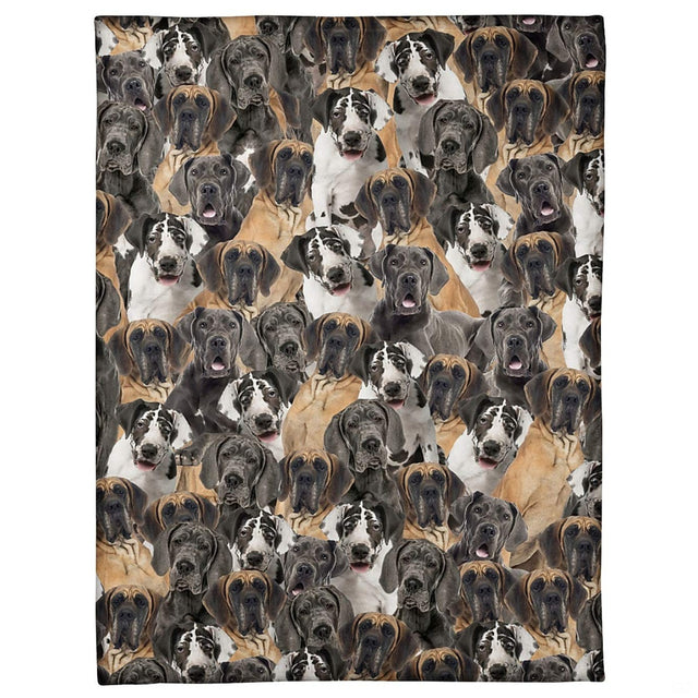 All-over pattern display showing a dense photo collage of stately Great Dane dog portraits.