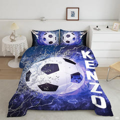 Blue electric lightning soccer bedding displaying soccer ball graphic with water splash on deep navy background