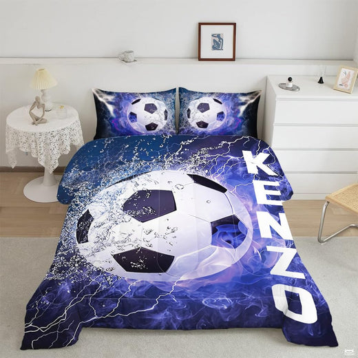 Blue electric lightning soccer bedding displaying soccer ball graphic with water splash on deep navy background