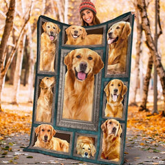 Golden retriever puppy artwork surrounded by intricate snowflake graphics.