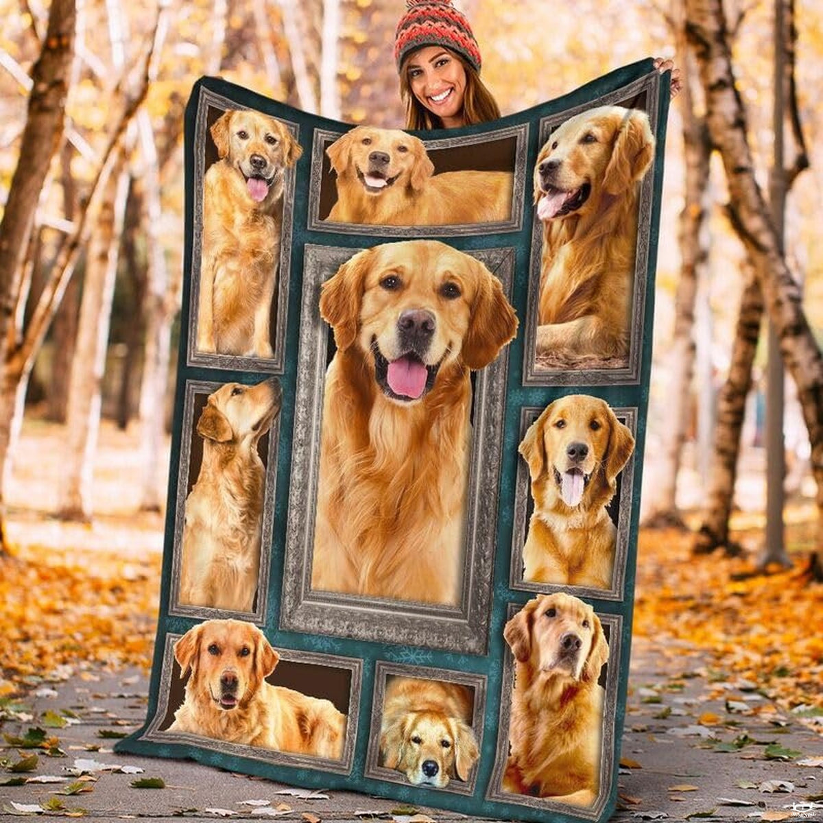 Golden retriever puppy artwork surrounded by intricate snowflake graphics.