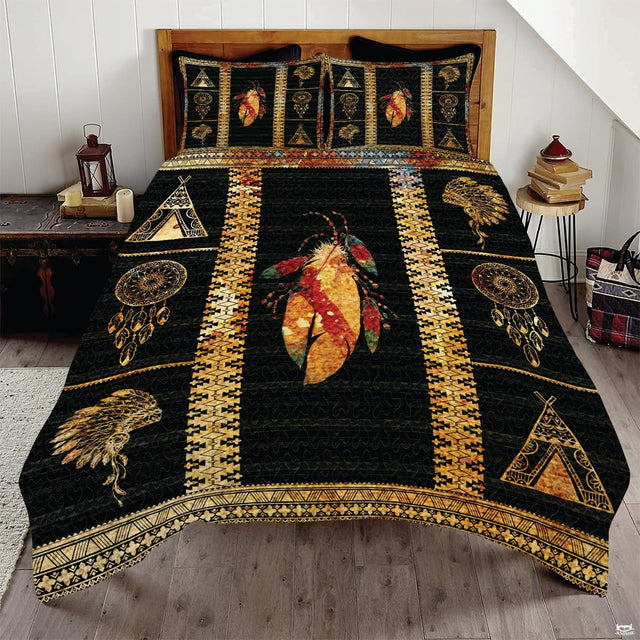Boho bed cover set featuring painted feather artwork with beaded strings and thematic accent amber tones.