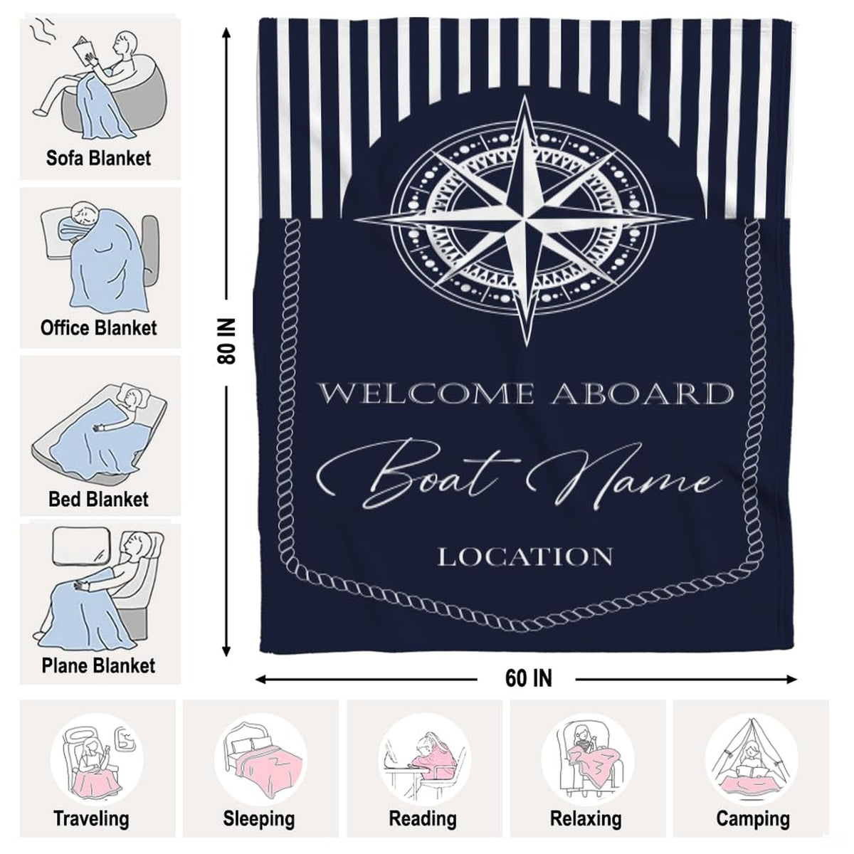Side angle view of the crisp nautical compass motif and clean vertical stripes on bedding.