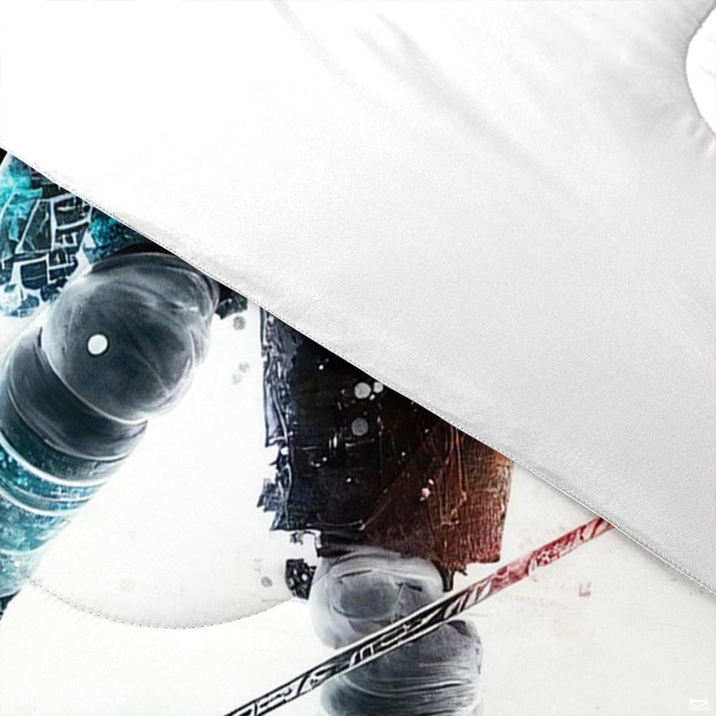 Folded presentation of ice hockey bedding displaying sharp graphic clarity in dove grey and silver tones