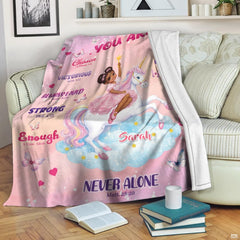 Princess unicorn throw blanket view 3 highlighting unicorn, affirmation quotes, and pink background