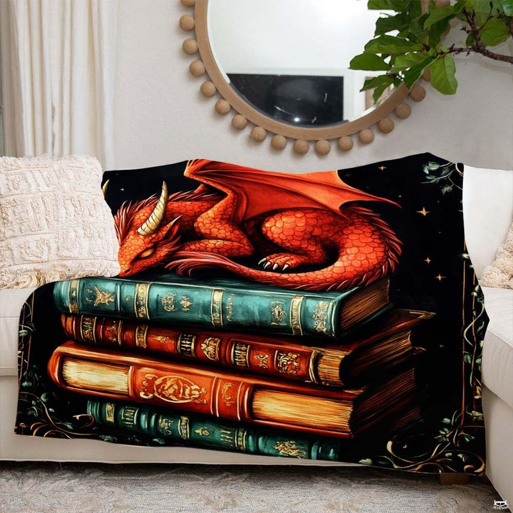 Person holding sleeping dragon on antique books illustration blanket