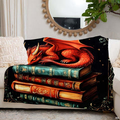 Person holding sleeping dragon on antique books illustration blanket