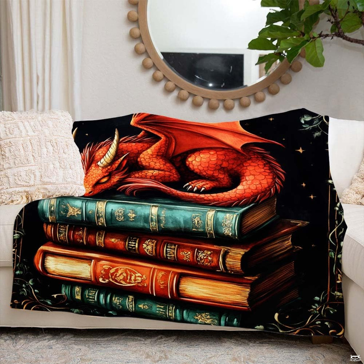 Person holding sleeping dragon on antique books illustration blanket